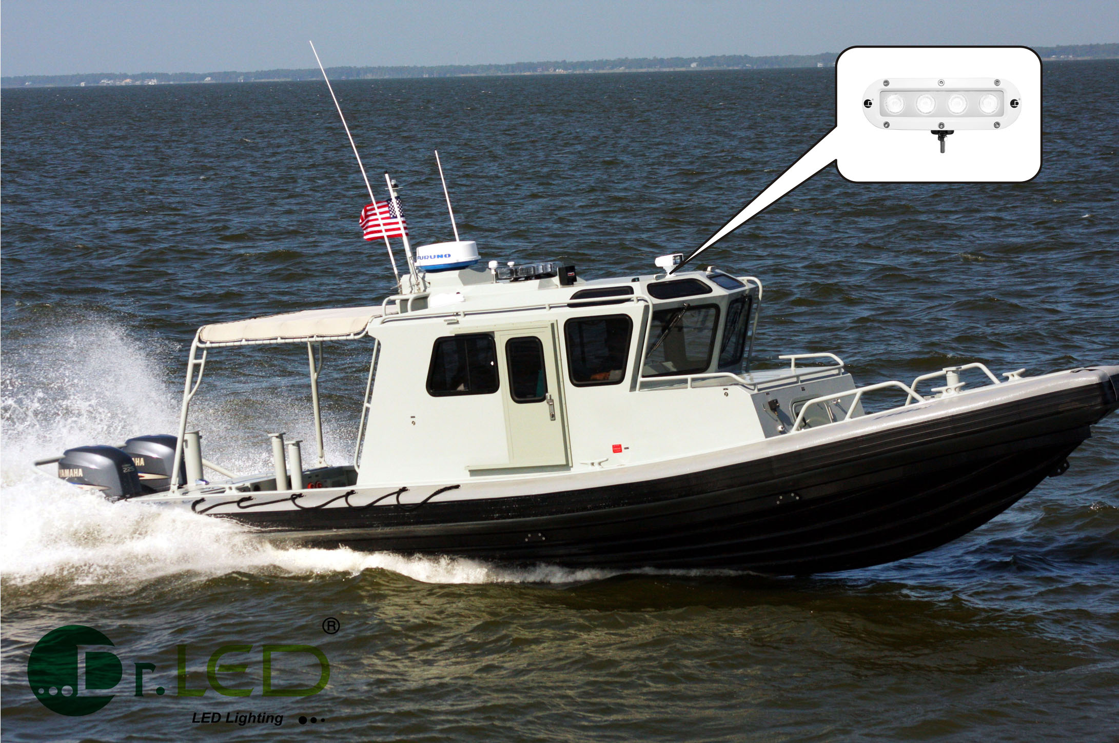 Navy boat with LED lights